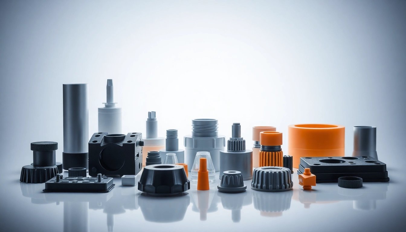 Showcase of injection molded parts highlighting diverse shapes and materials in a professional setting.