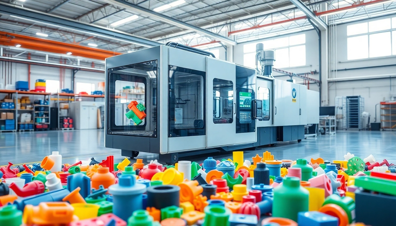 Manufacture of plastic parts in a modern factory using advanced injection molding technology, showcasing colorful produced shapes.