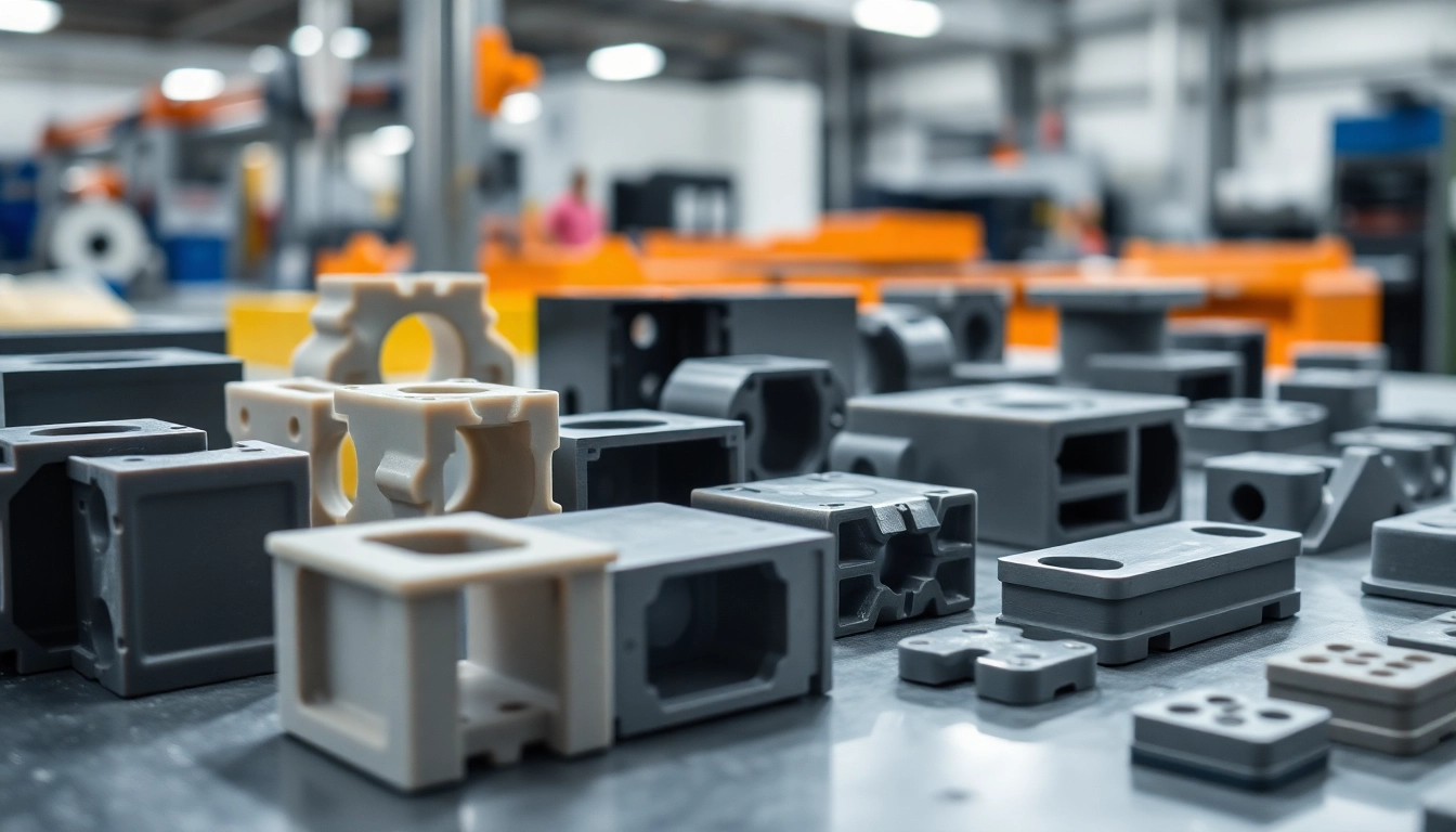 Showcasing injection molding prototypes with clear details and textures in a modern workspace.